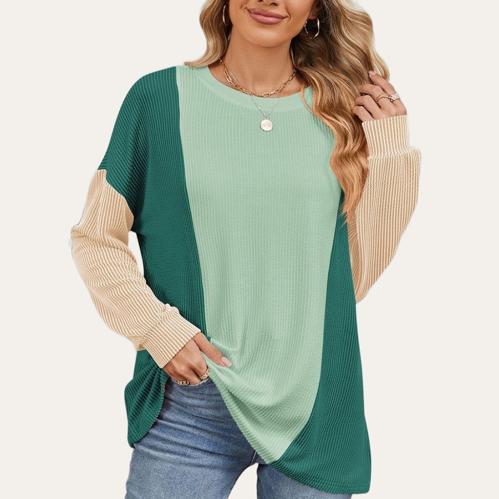 Double Take Double Take Texture Contrast Round Neck Long Sleeve T-shirt